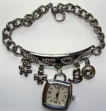 Часы наручные, женские Quartz, металлический браслет, серебро, подвески, стразы