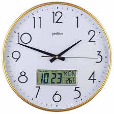 Часы настенные Perfeo  "PF-WC-015", круглые диаметр 35 см, золотой корпус / белый циферблат